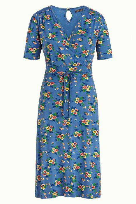 King Louie 03673 A-Line Blu Viscose Blend Floral Short Sleeve V-neck Dress
