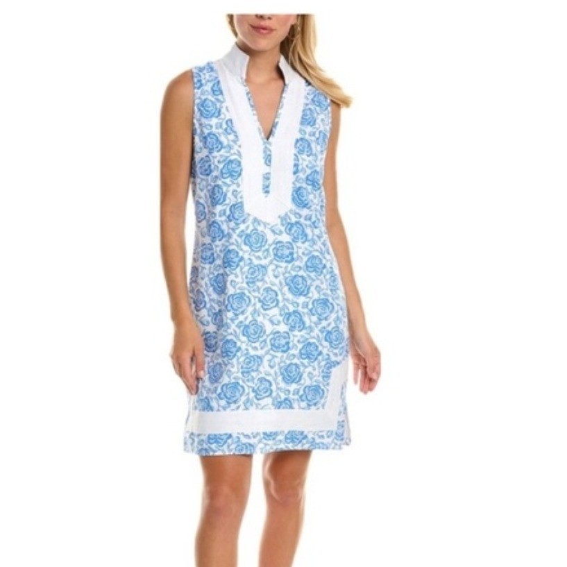 Sail to Sable The Classic Blue Rose Floral Linen Blend Shift Tunic Dress XL
