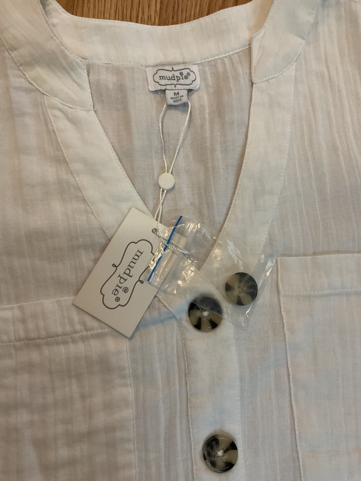 NWT-MUD PIE ADDISON BUTTON-UP DRESS WHITE sz.M Swing Hem V-Neck Lightweight Cott