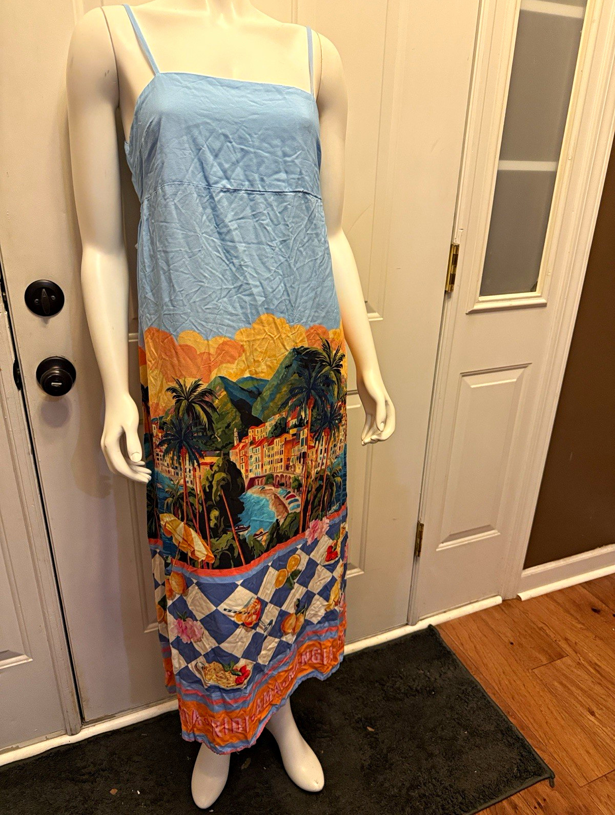 Paper Heart Blue Orange Scenic Tropical Maxi Slip Dress L Square Neck Open Tie