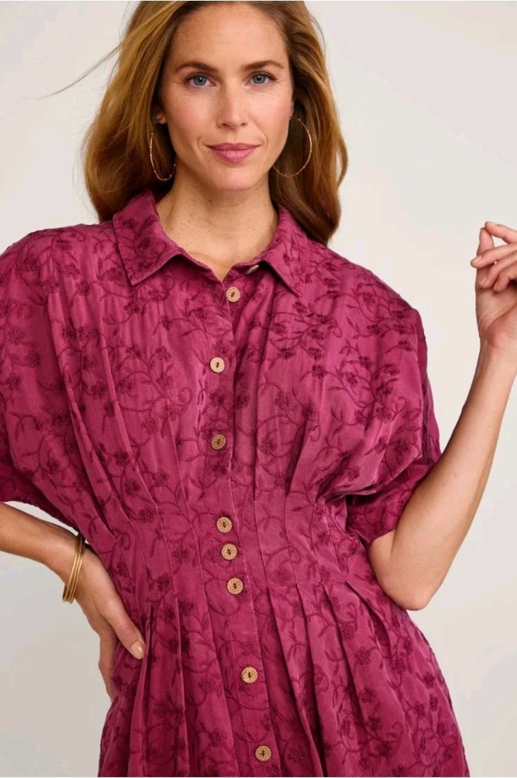 Soft Surroundings Embroidered SS Short Sleeve Tencel Midi Shirtdress Rich Berry