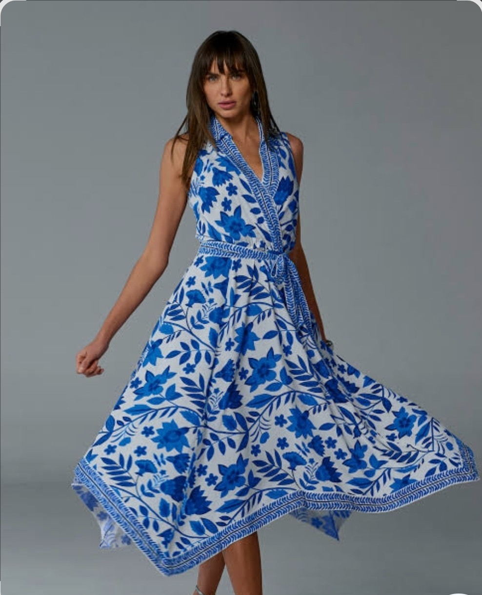 Boston Proper Dress Womens L neck Blue Wht Maxi Flowy geometric Handkerchief Hem