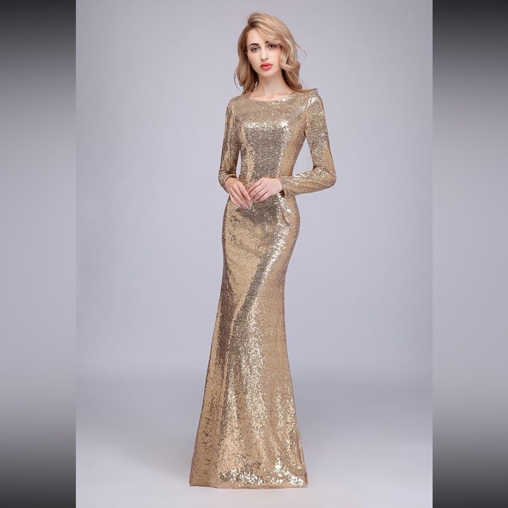 NWT Honey Qiao Gold Sequin Long Sleeve Evening wedding Formal mermaid core