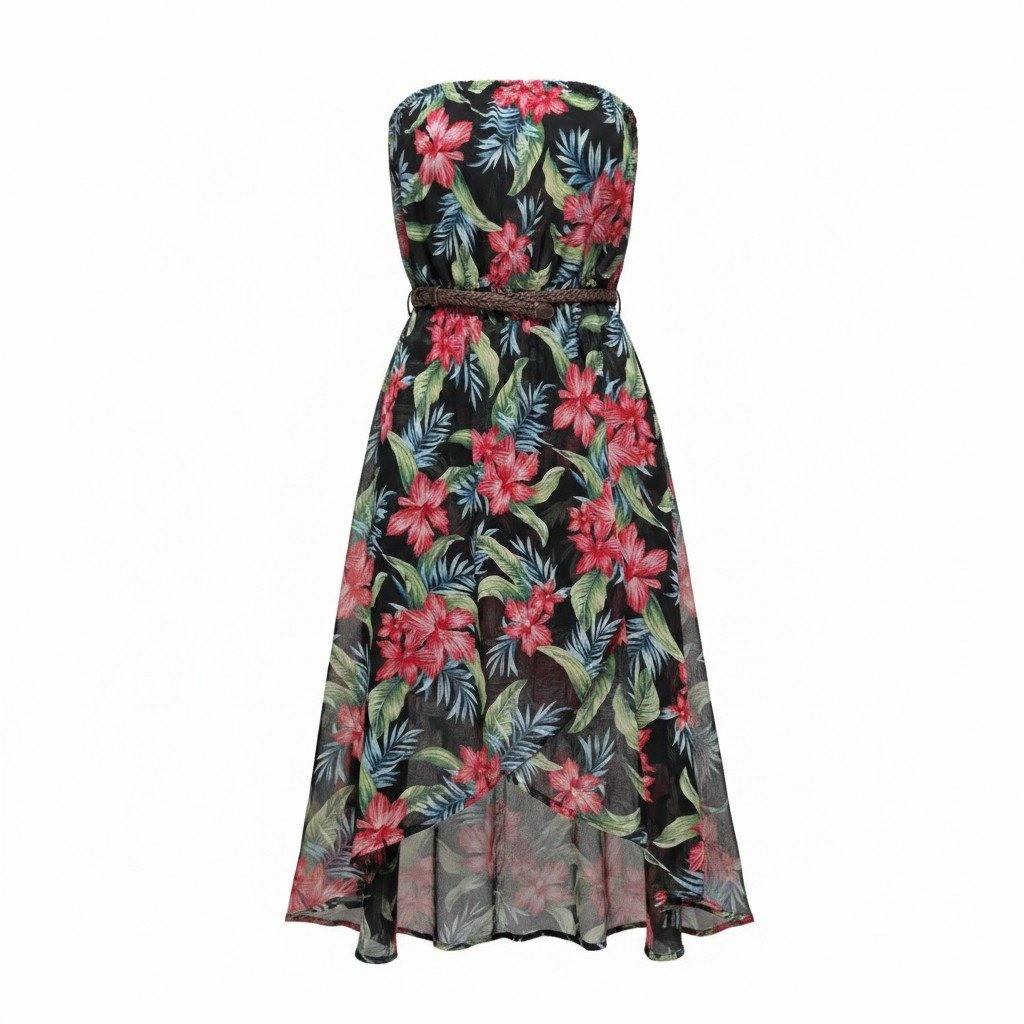 Tube Dress Isis Small Women Black Good Tropical Floral High-Low Belted