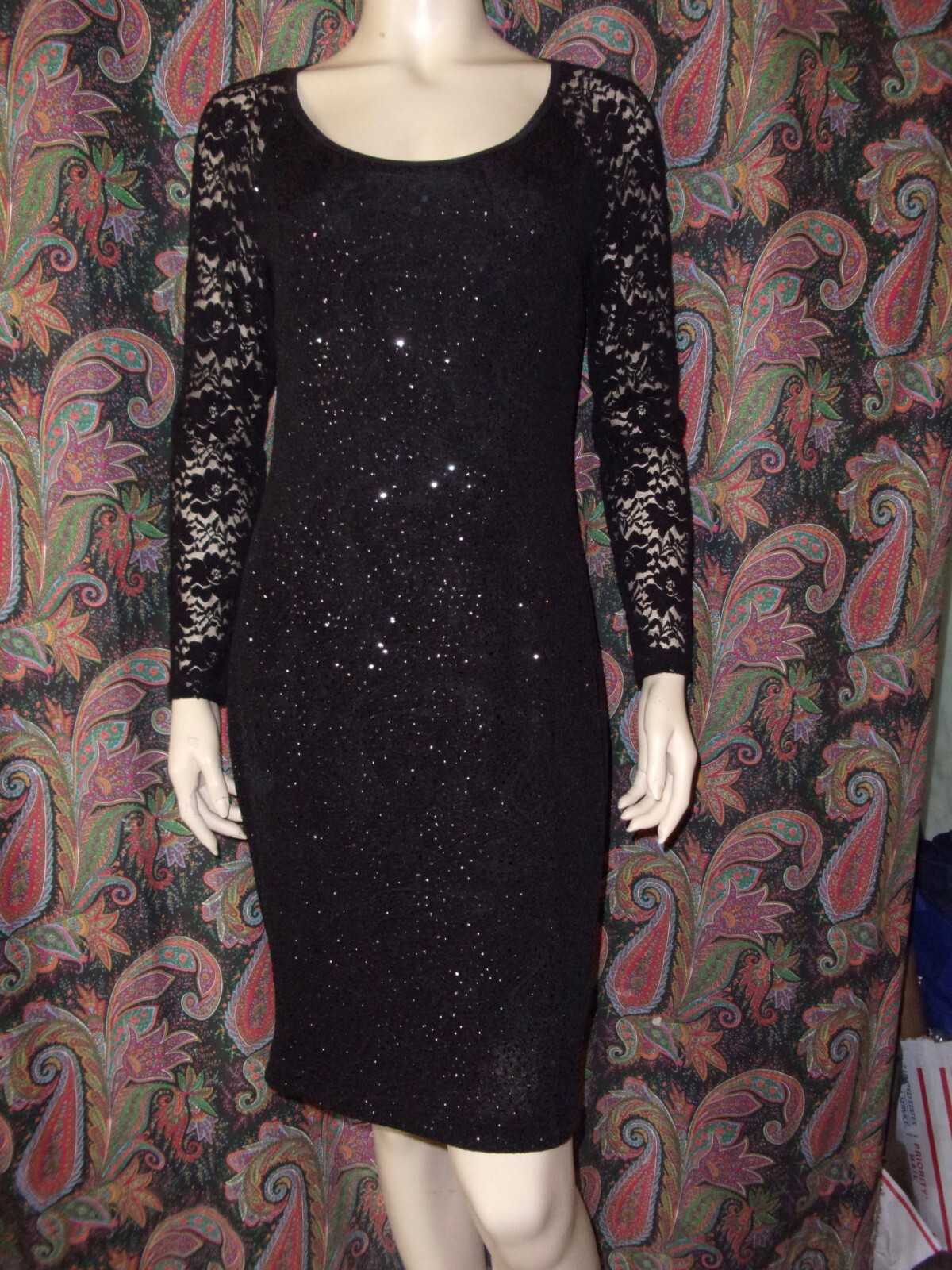 PICADILLY Black Knit Lace & Sparkle Elegant Fitted Dress Stunning Size S