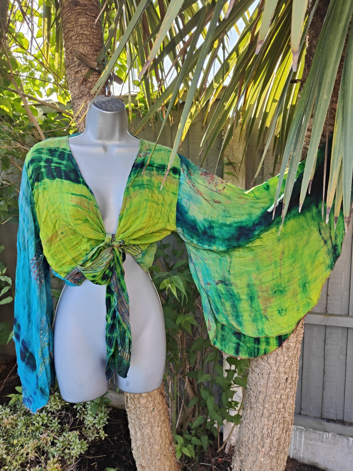 Tie top wrap over bell sleeve free 70 people hippy boho embroidered Glitter Sari