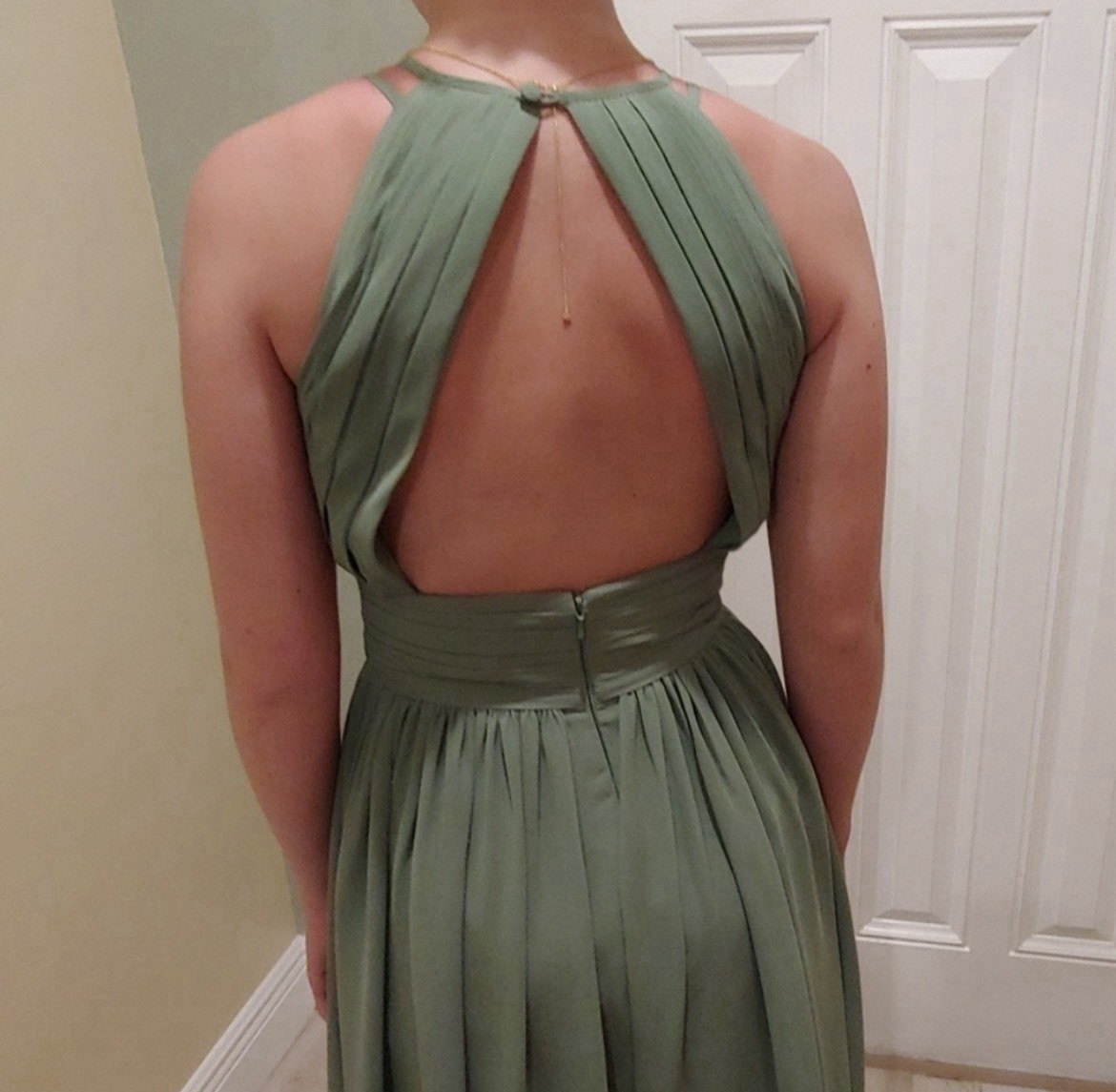 Bill Levkoff High Neck Cut Out Back Ruch Waist (Sage Green)-Sz 2-MRSP $199