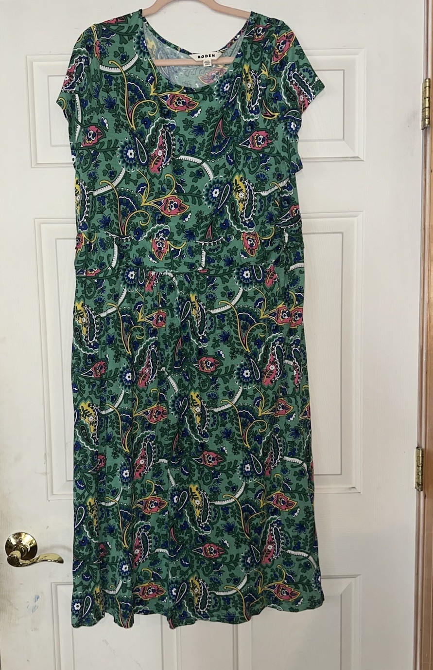 Boden Amelie Dress US 20-22L Green Paisley Print Stretch Jersey Midi Pockets