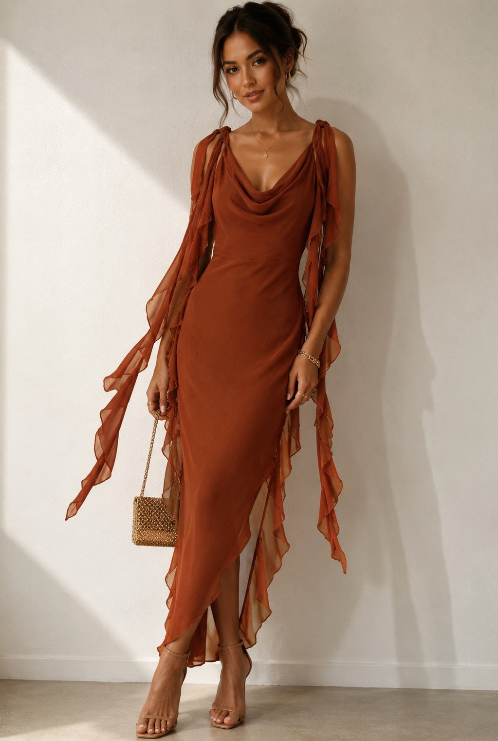 PrettyGarden Brown Solid Cowl Neck Ruffle Adjustable Strap Midi Dress Size L