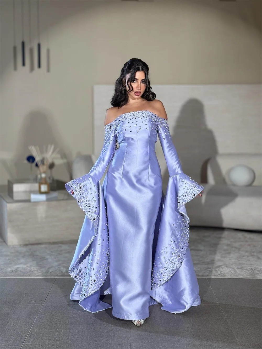 Matching Rhinestone Beading Sequined Straight Off-the-shoulder Long Dresses
