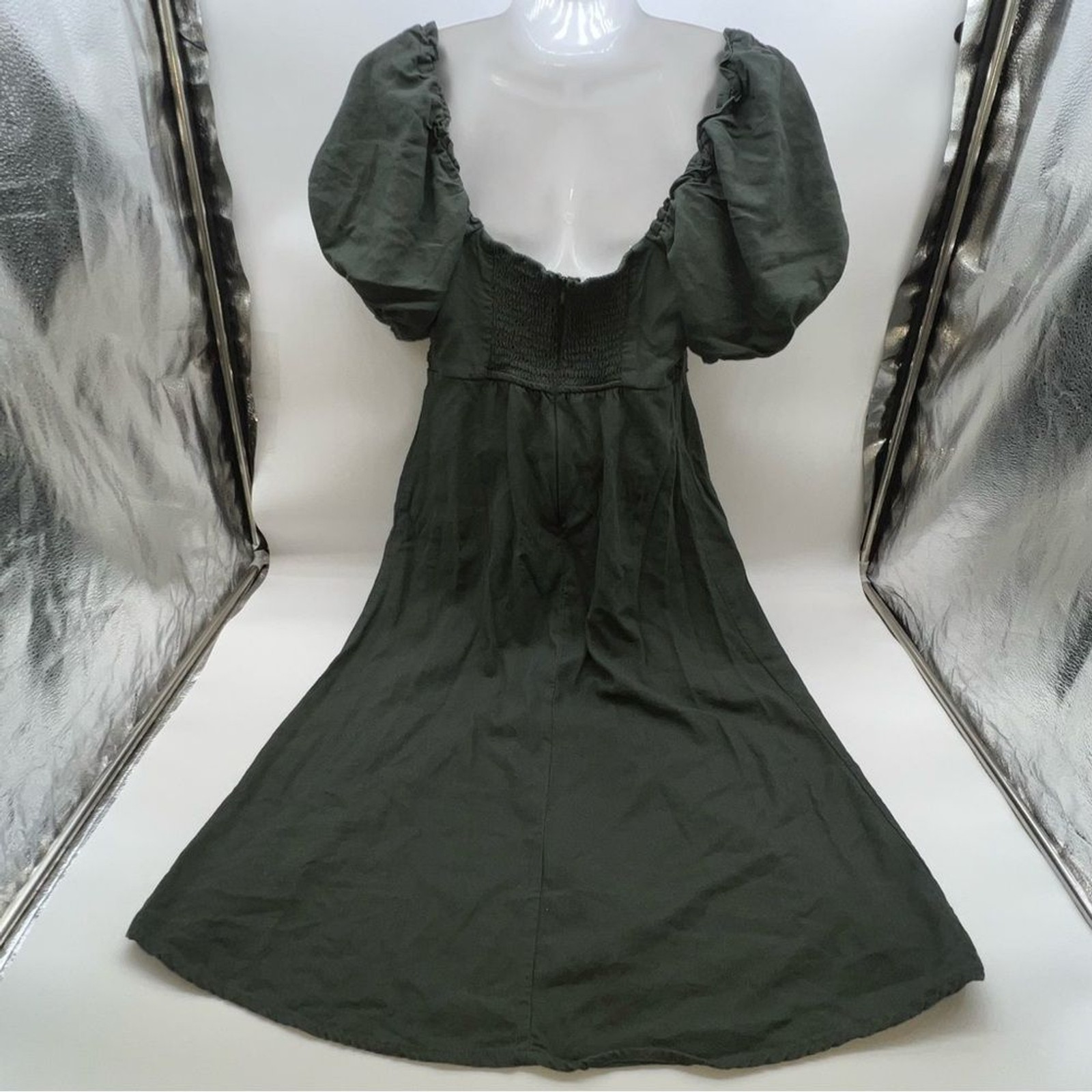 Mi Ami for Francesca’s Linen Blend Dk Green Puff Sleeve Midi Peasant Dress-Sz S