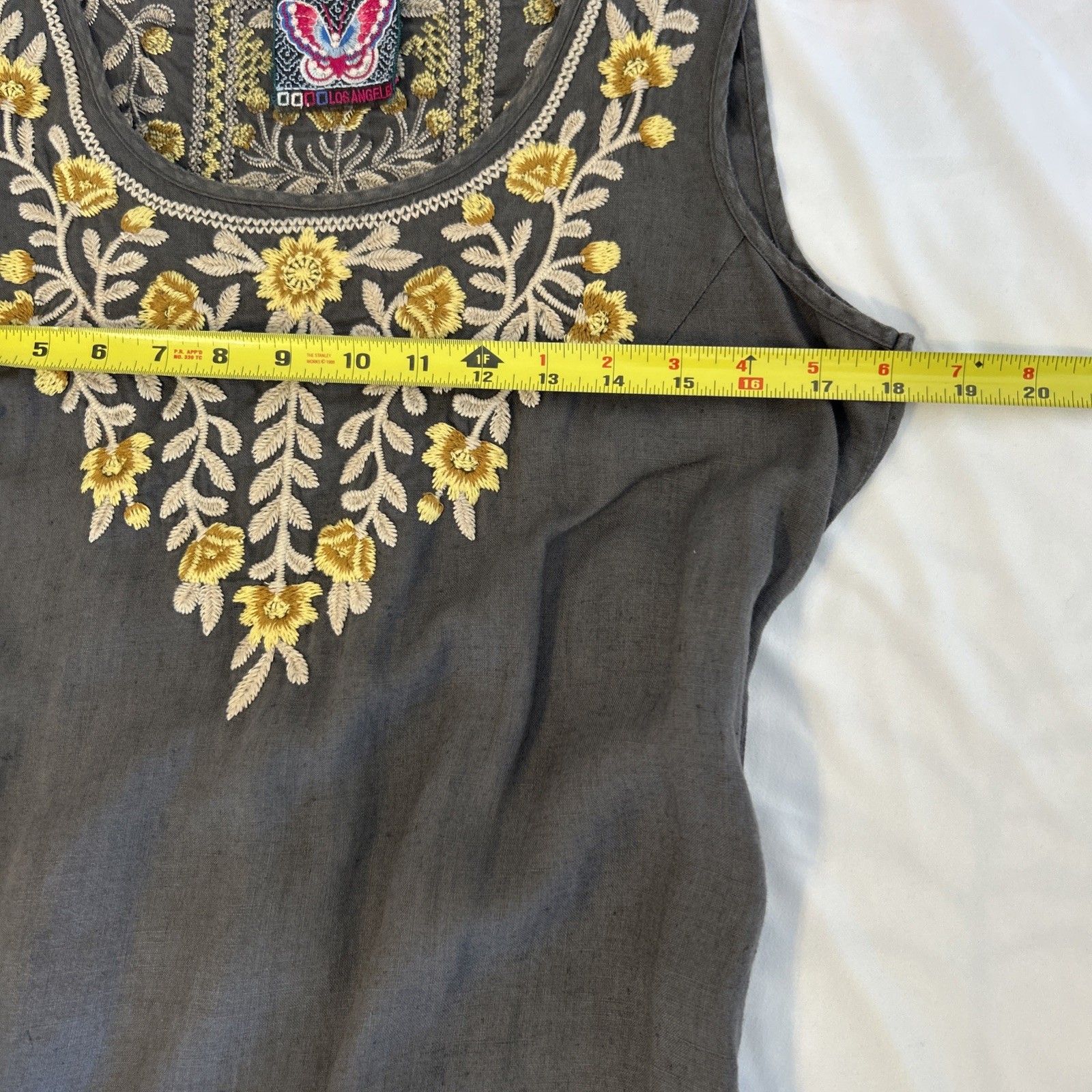 Johnny Was Embroidered Linen Tunic Dress Womens S Gray Floral Boho Sleeveless