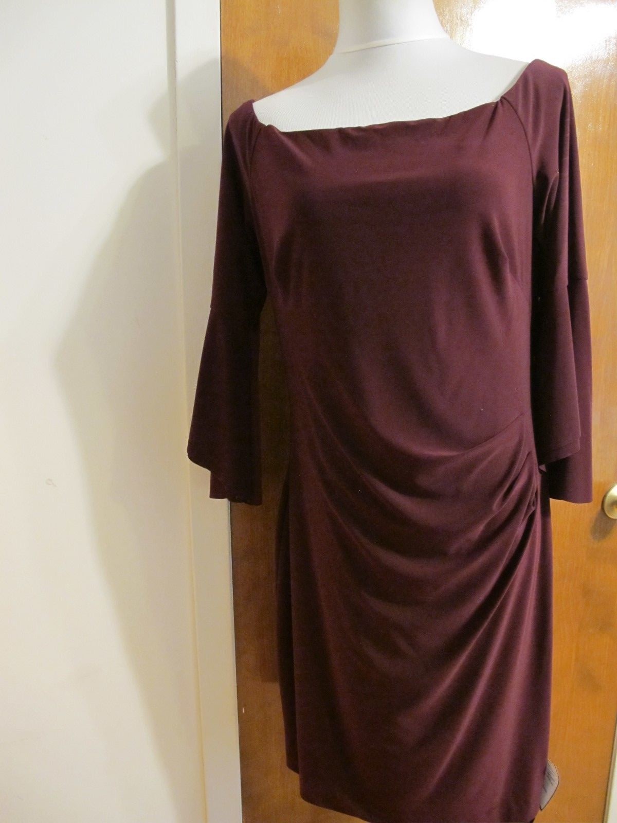 Ralph Lauren Women’s Burgundy Bell-Sleeve Gathered Off Shoulder Dress NWT