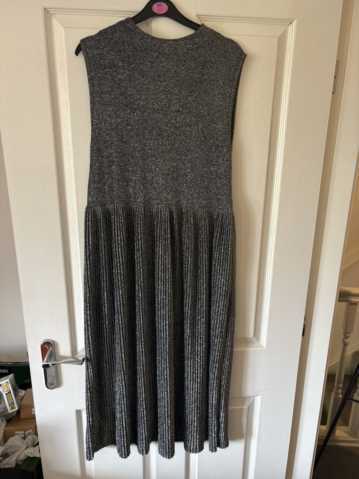 Oasis Pleated Silver Dress High Neck Midi Dress Large – size 12-14 Occasionwear