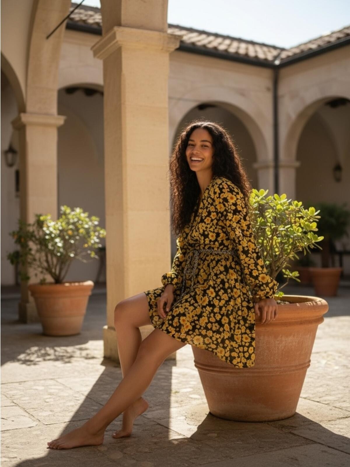 Free People Black Tunic Mini Dress with Yellow Floral Print
