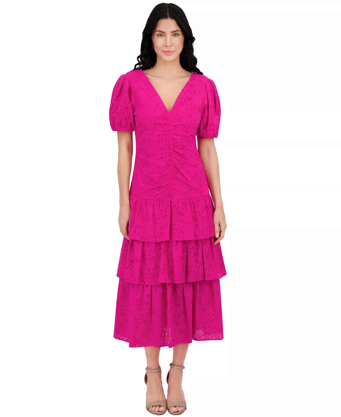 Kensie Cotton Maxi Dress 8 Hot Pink Embroidered Layered Puff Sleeve V-Neck NWOT