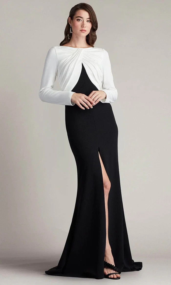 Tadashi Shoji Black Ivory Nelson Bateau Long-Sleeve Crepe Sheath Gown XL $421