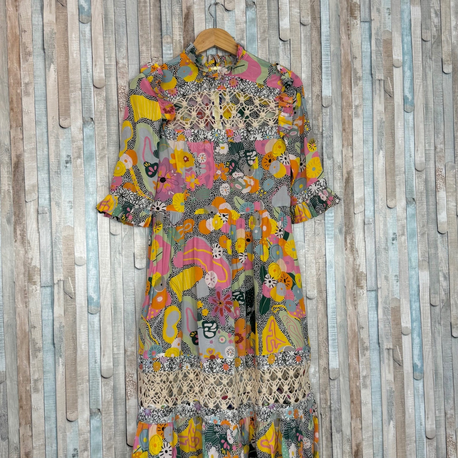 Celia B Sunny Dress Colorful Floral Crochet Lace High Ruffle Neck Tiered Midi M