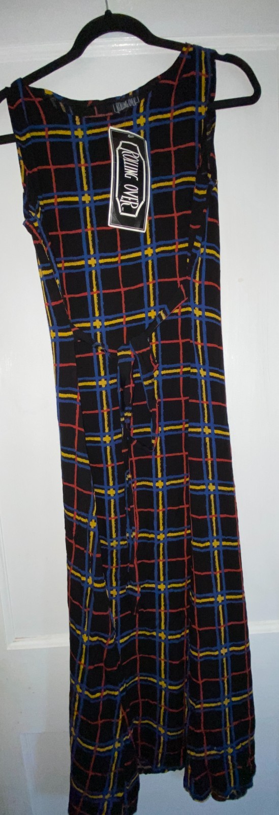Check Plaid Jumper Dress Maxi Sz Med Dark Academia Black Blue Red Yellow NWT