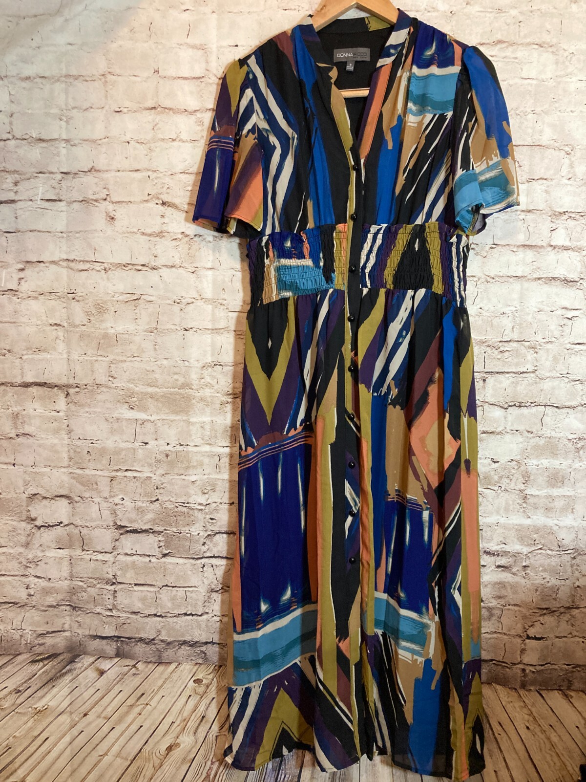 Donna Ricco NY Midi Dress Womens 6 Full Button Front Smocked Flowy Artsy Lined