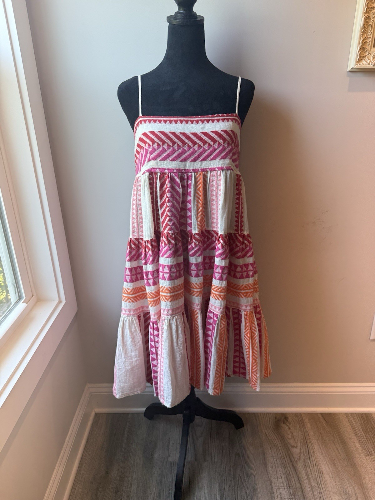 Devotion Twins Square Neck Strap Dress Small Pink Orange Tier Sundress Anthro
