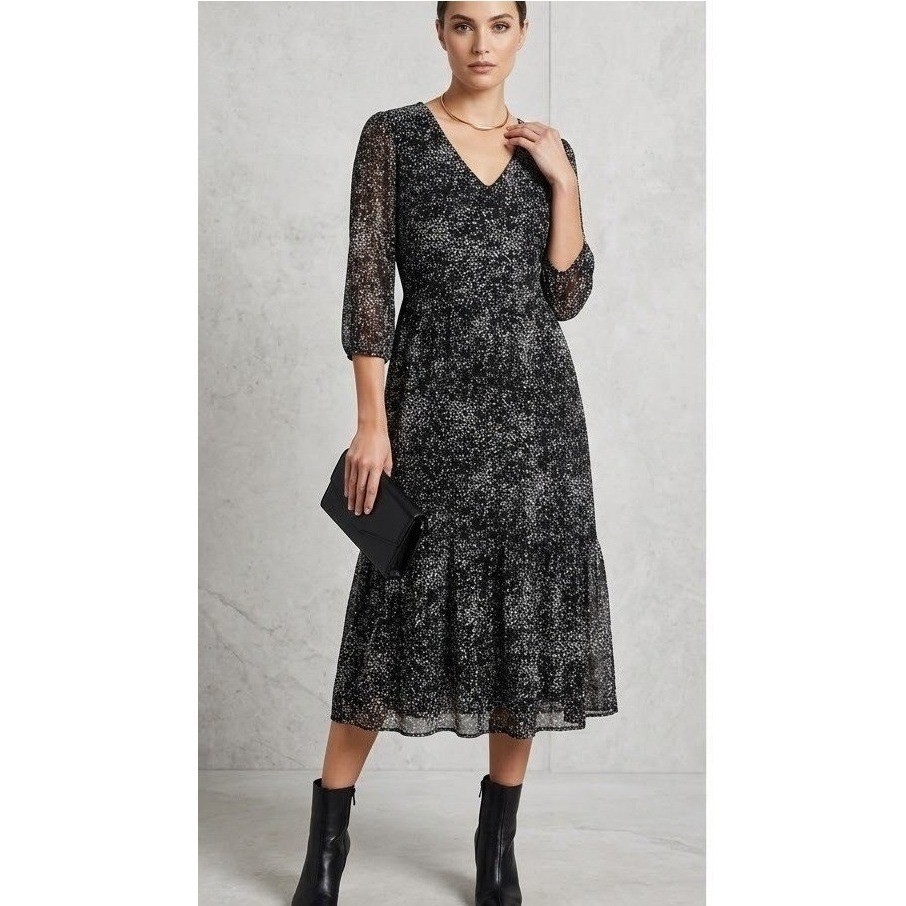 Jane and Delancey Women Large Black White Speckled Print V-Neck Midi Dress NWT