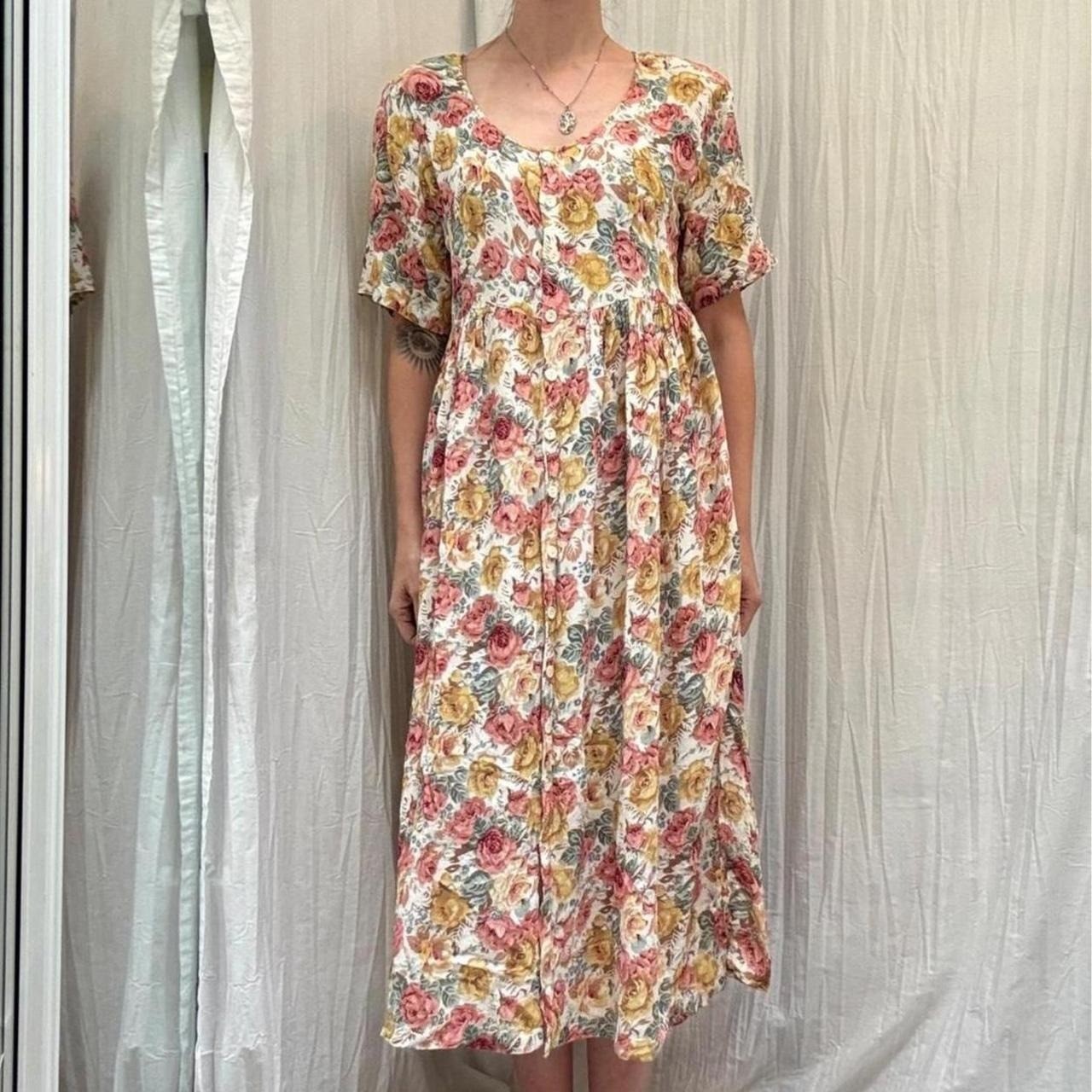 Pink, Green, Cream Rayon Floral Button Down Pleated Dress Revue Small VTG 90s