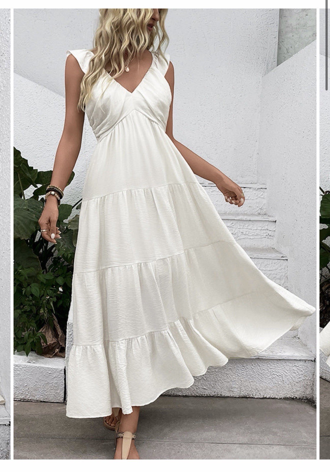Cream Solid V-Neck Sleeveless Tiered Ruffle Maxi Dress Back Zip Womens M