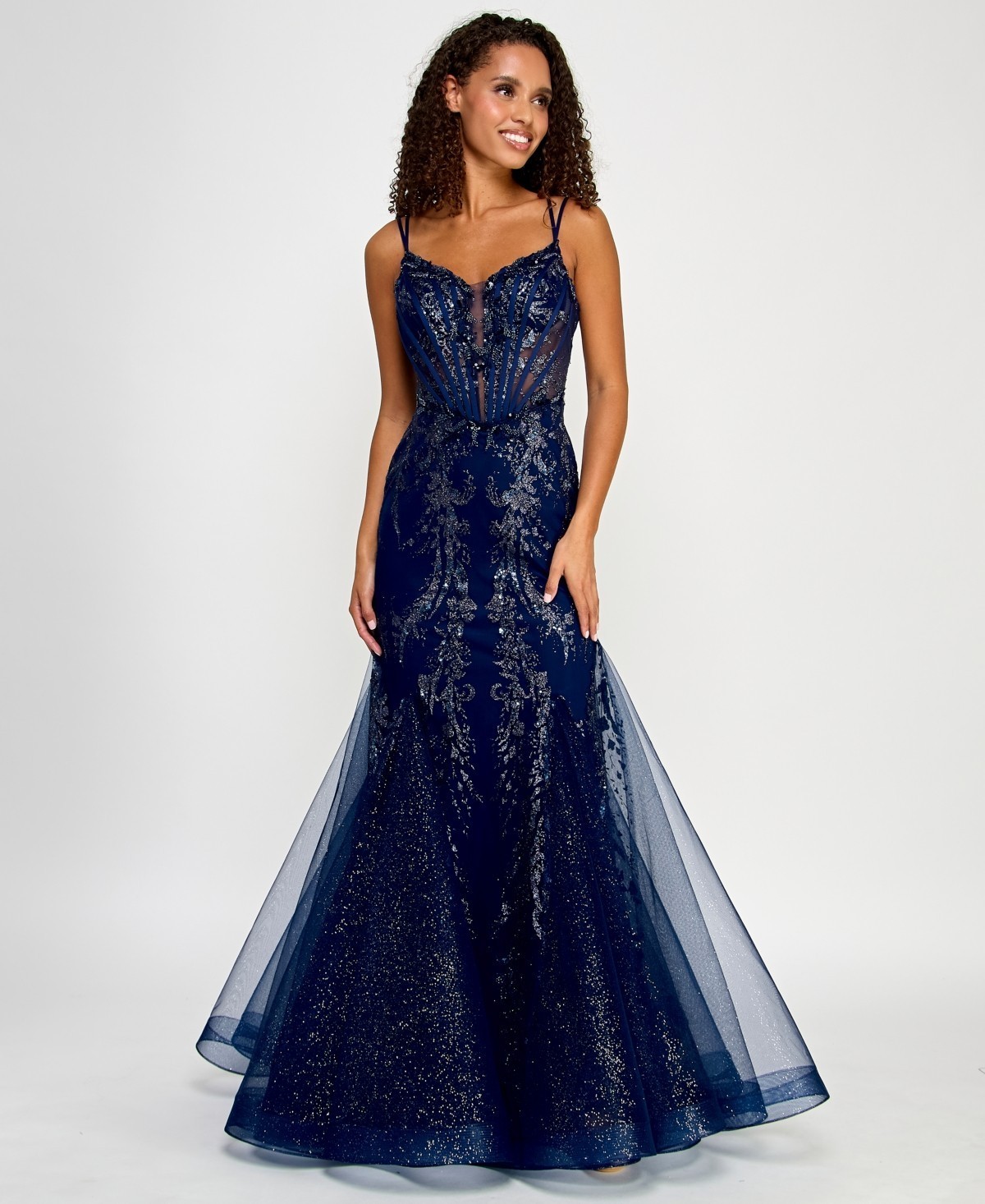 Say Yes Juniors’ Glitter Mesh Corset Mermaid Gown – Navy – 5/6 – Damaged