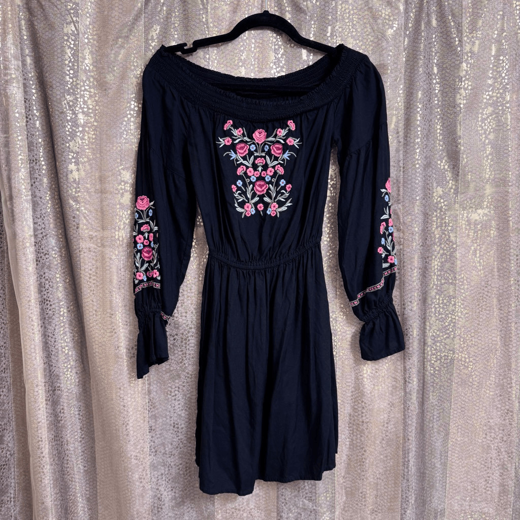 Hollister Black Colorful Flower Embroidered Off Shoulder Mini Dress XS