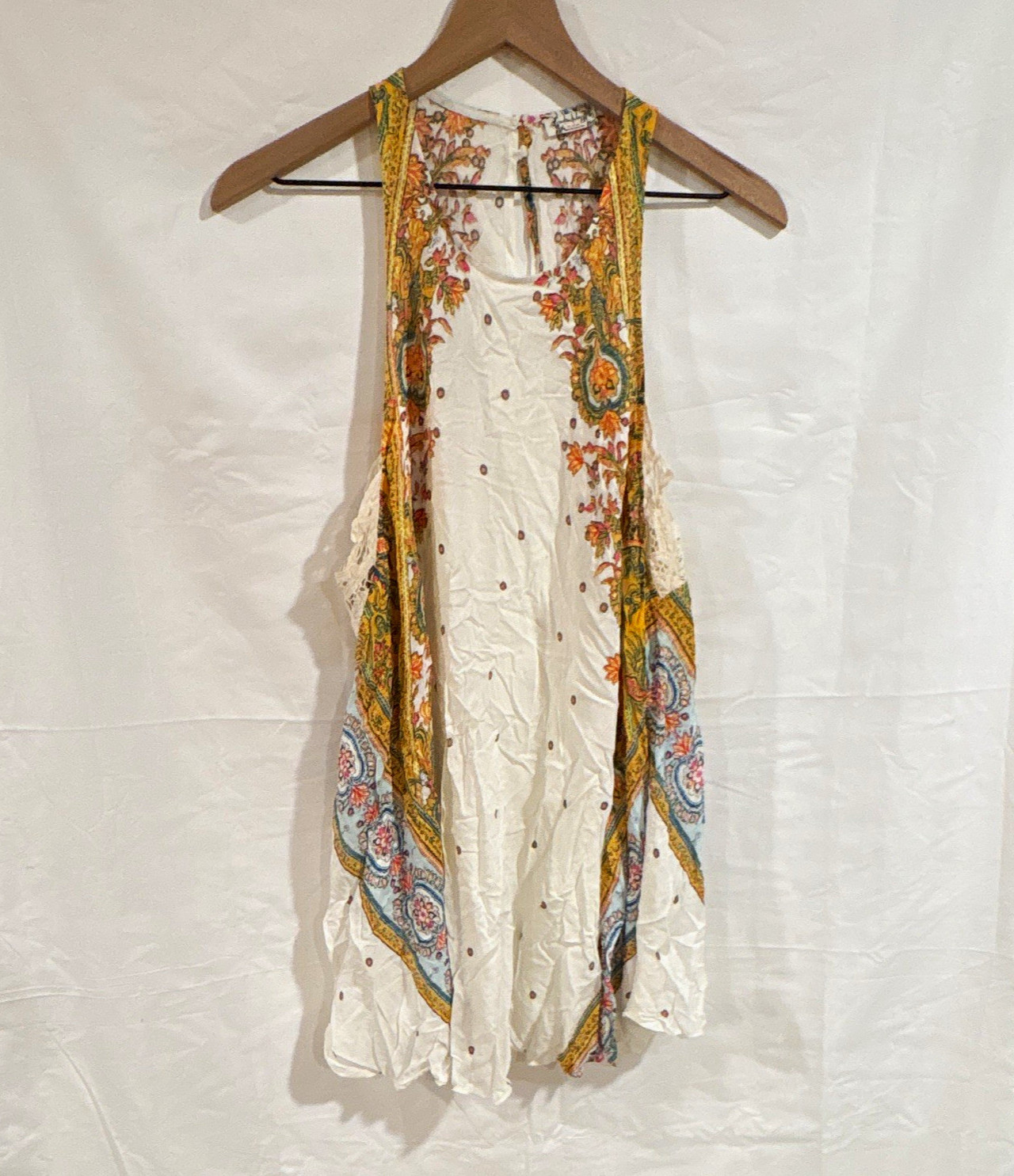 Free People Women’s Boho Paisley Print Crochet Lace Tank Top Tunic Ivory Size S