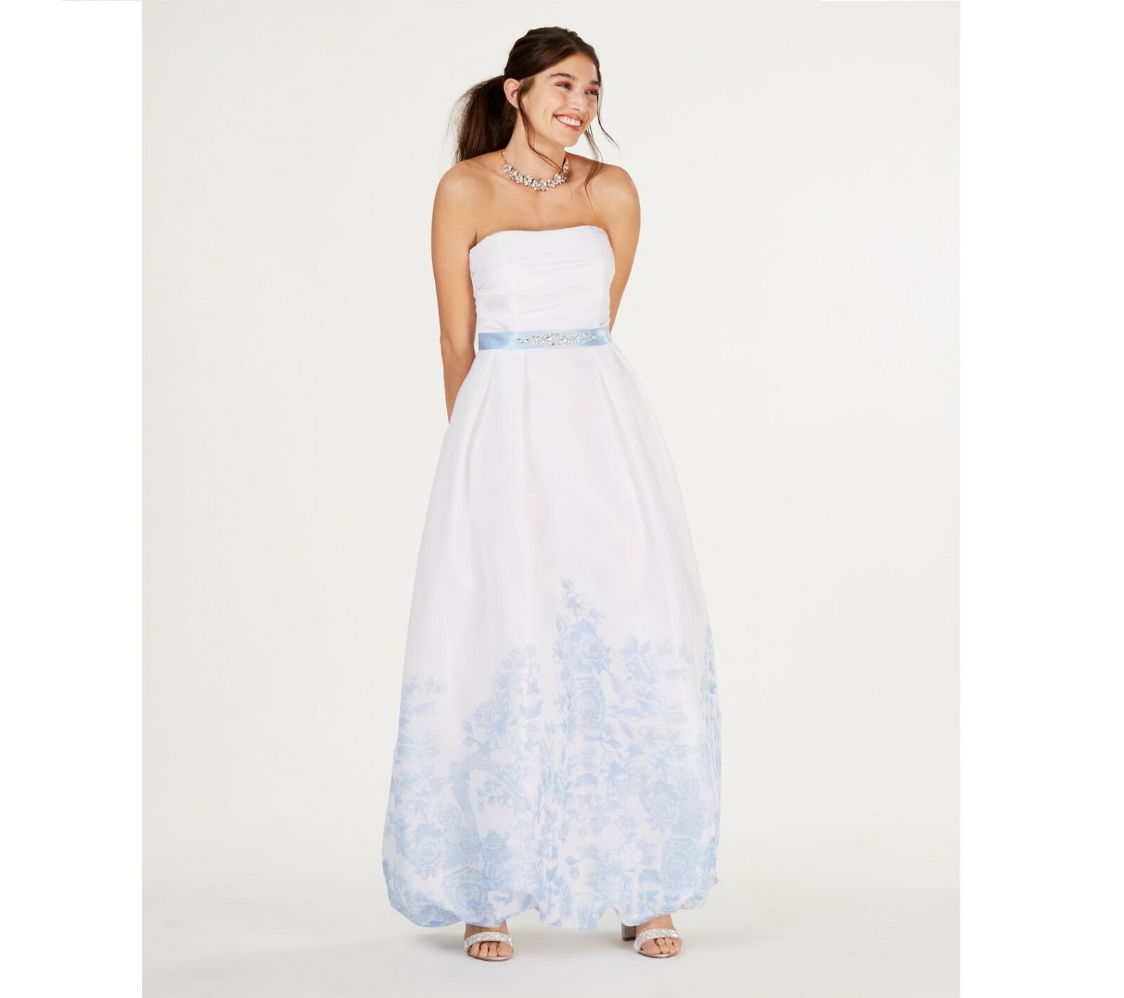 Teeze Me Junior Womens 5/6 White Blue Strapless Waist Tie Floral Hem Gown NWT