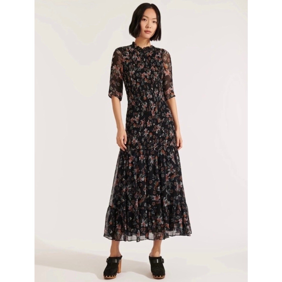 Veronica Beard Gabi Black Floral Chiffon Drop Waist Smocked Midi Dress SIZE 6