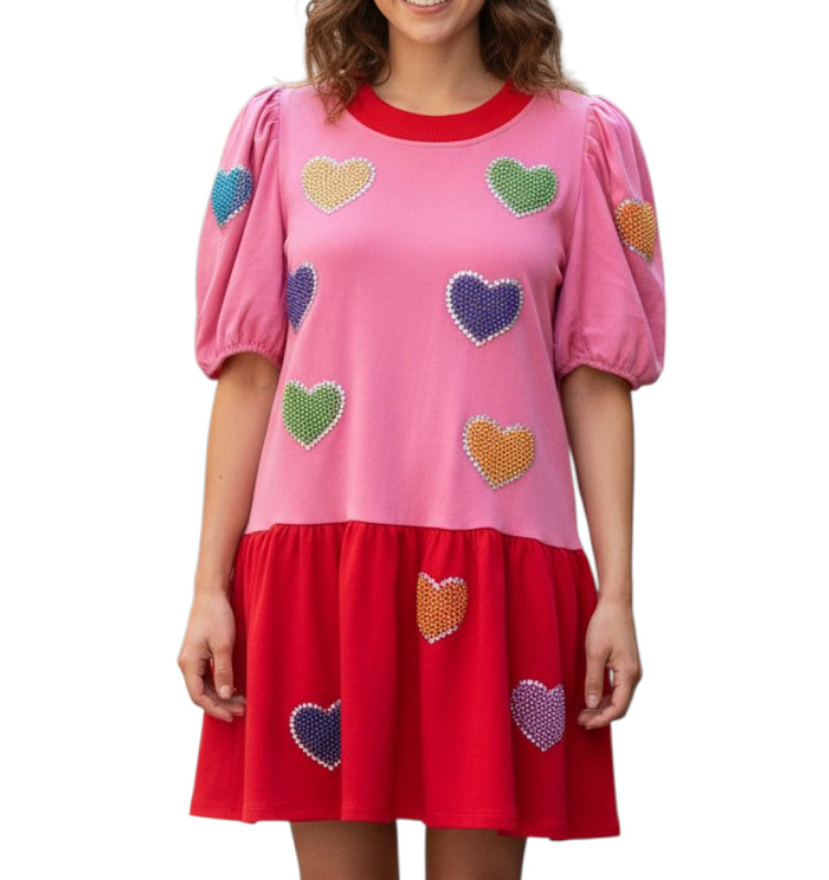 QUEEN OF SPARKLES Red & Pink Knit Dress BEADED HEARTS Tiered Puff Sleeves SIZE L