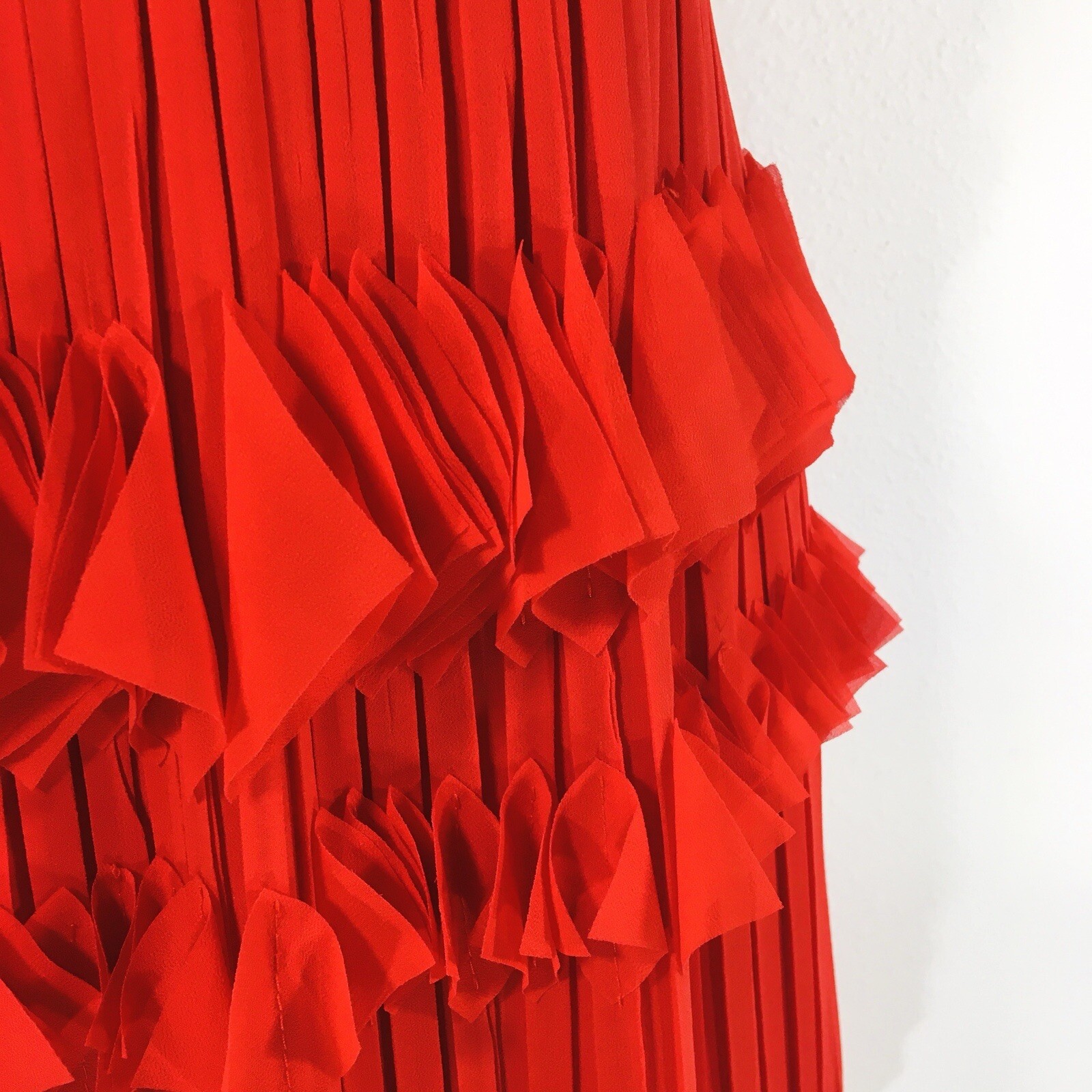 Foxiedox Red Pleated Ruffle Dress Sz S VNeck Zipper Lined Wedding Guest Party