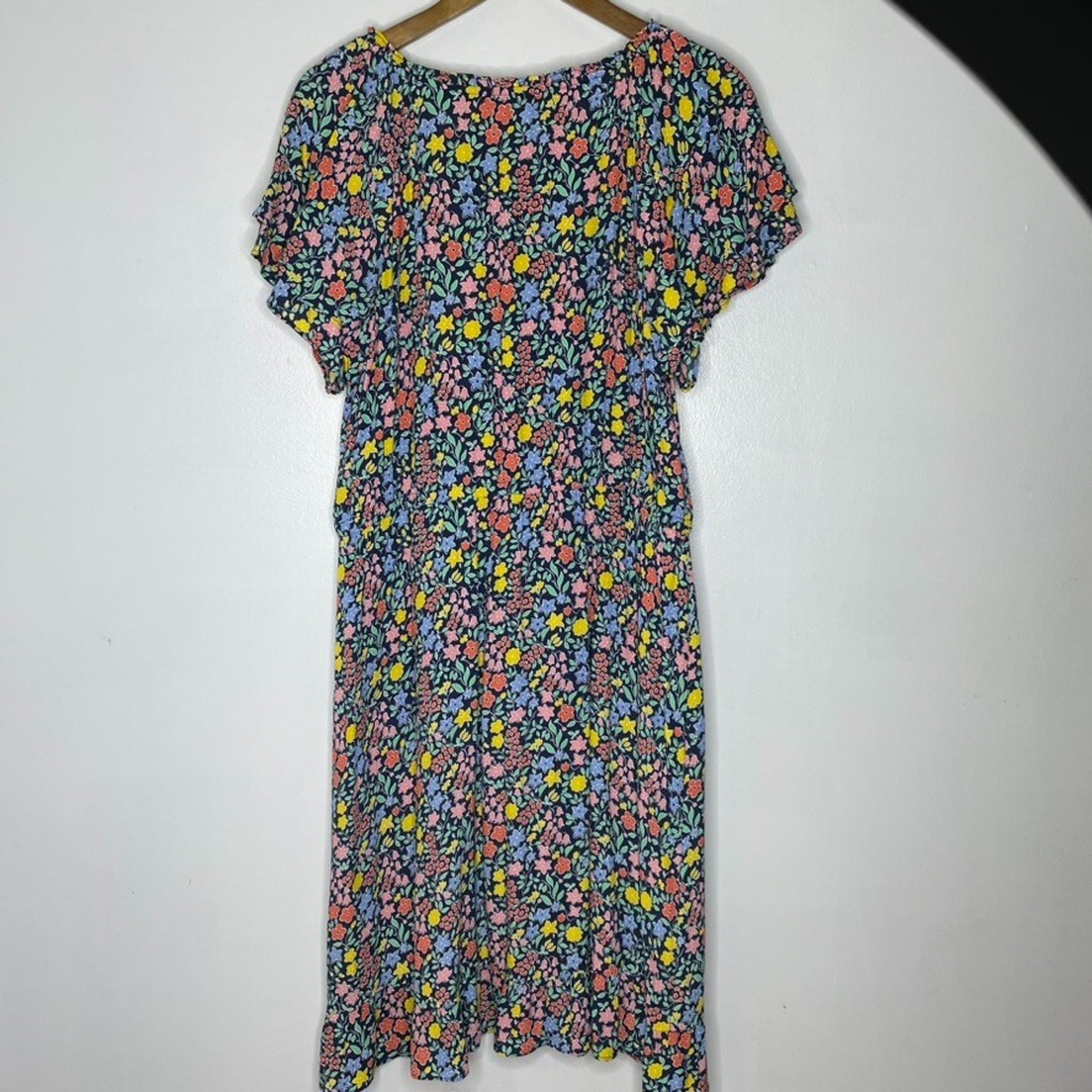 Talbots Petite Floral Midi Dress 14P Navy Short Sleeve Cottagecore Style