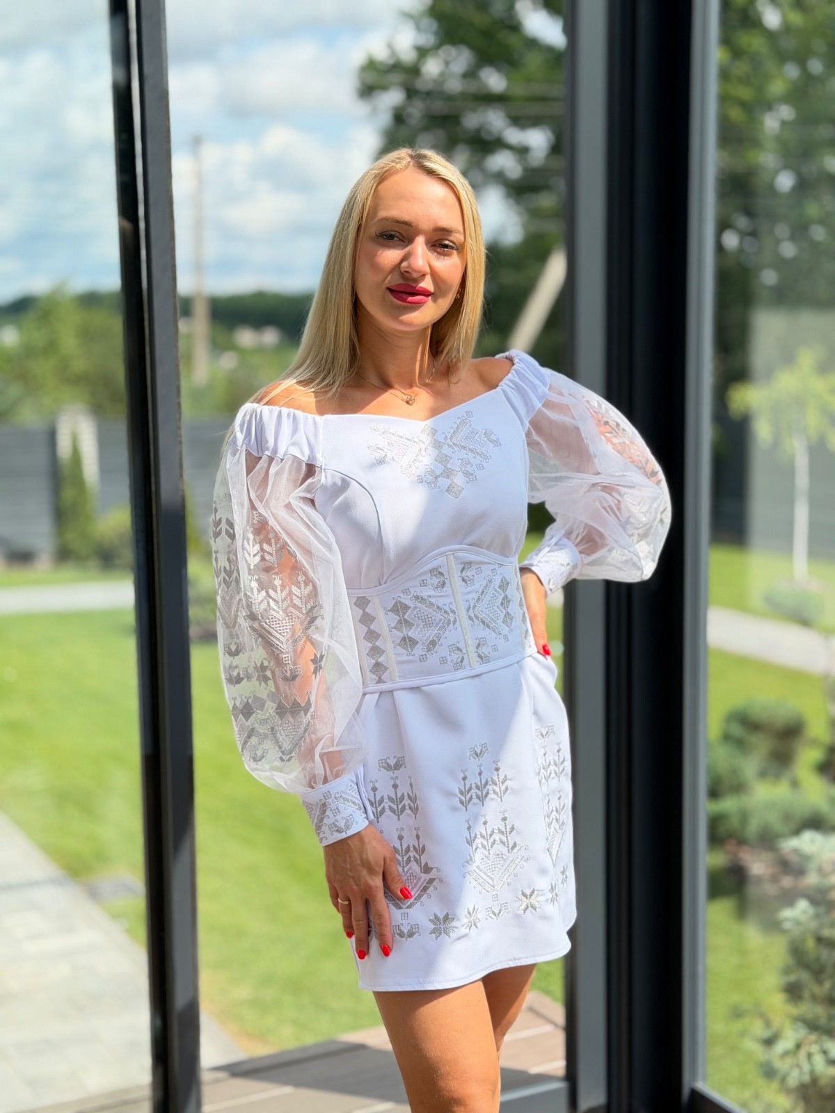 Ukrainian Embroidered Mini Dress Vyshyvanka White Off Shoulder Corset