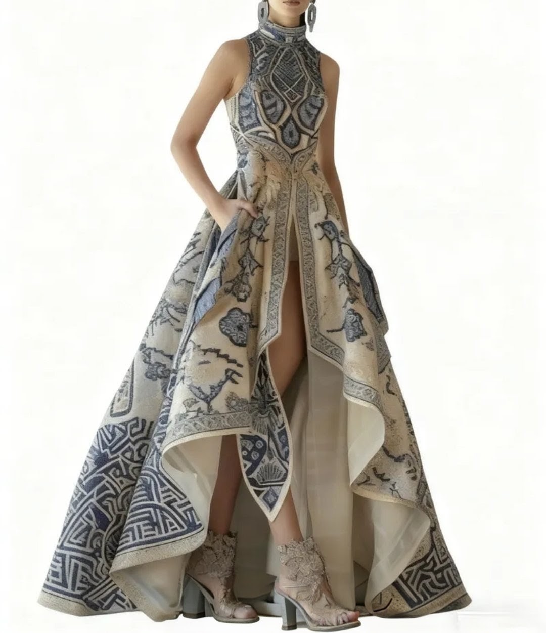 Asymmetrical Style Blue Porcelain Print High Neck Elegant Dress