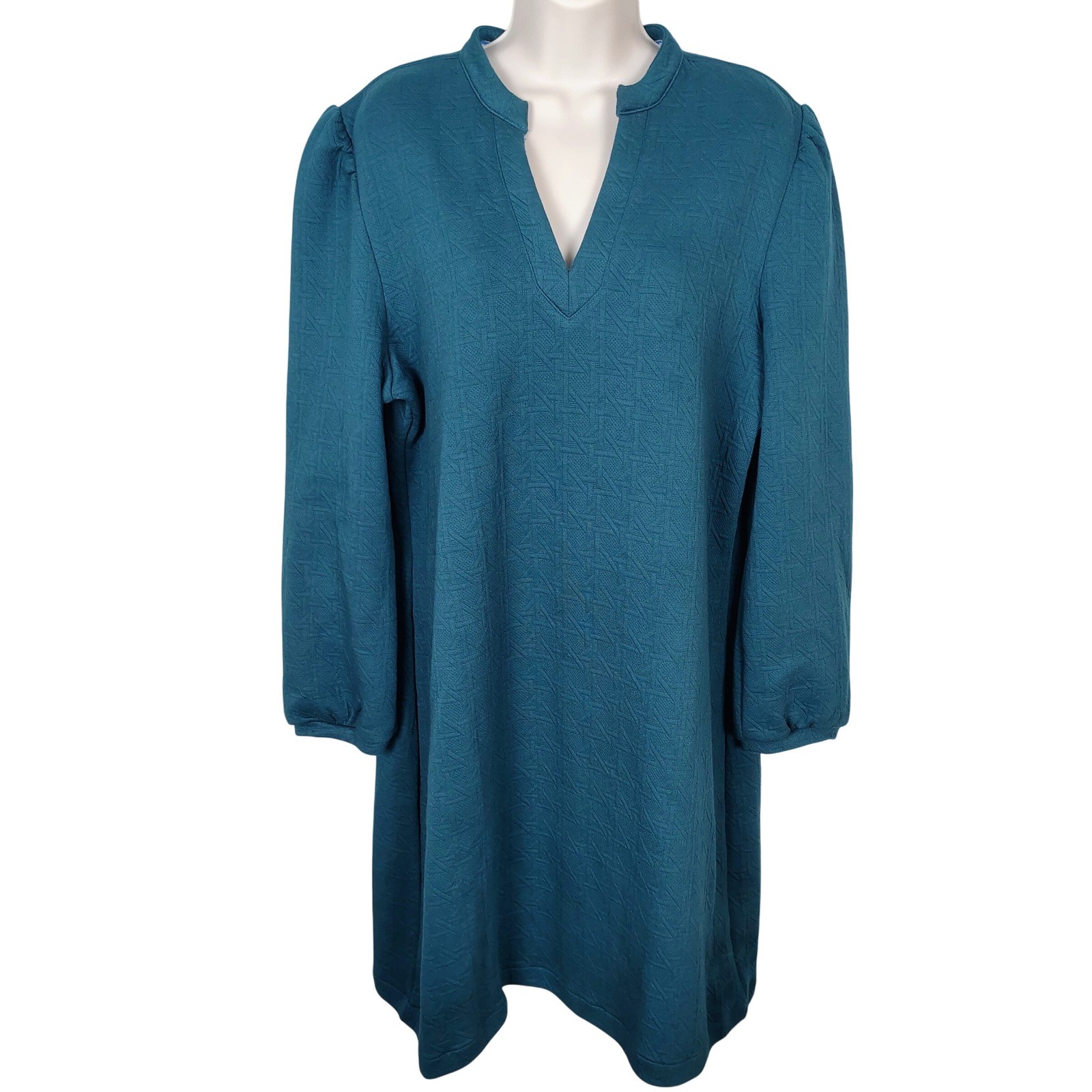 Southern Tide Teal Blue Jacquard Knit Split Neck Long Sleeve Shift Dress Large
