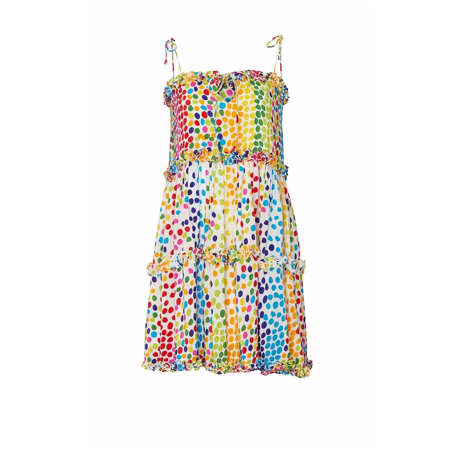 All Things Mochi Blessica Rainbow Polka Dot Print Tiered Silk Mini Dress Sz S