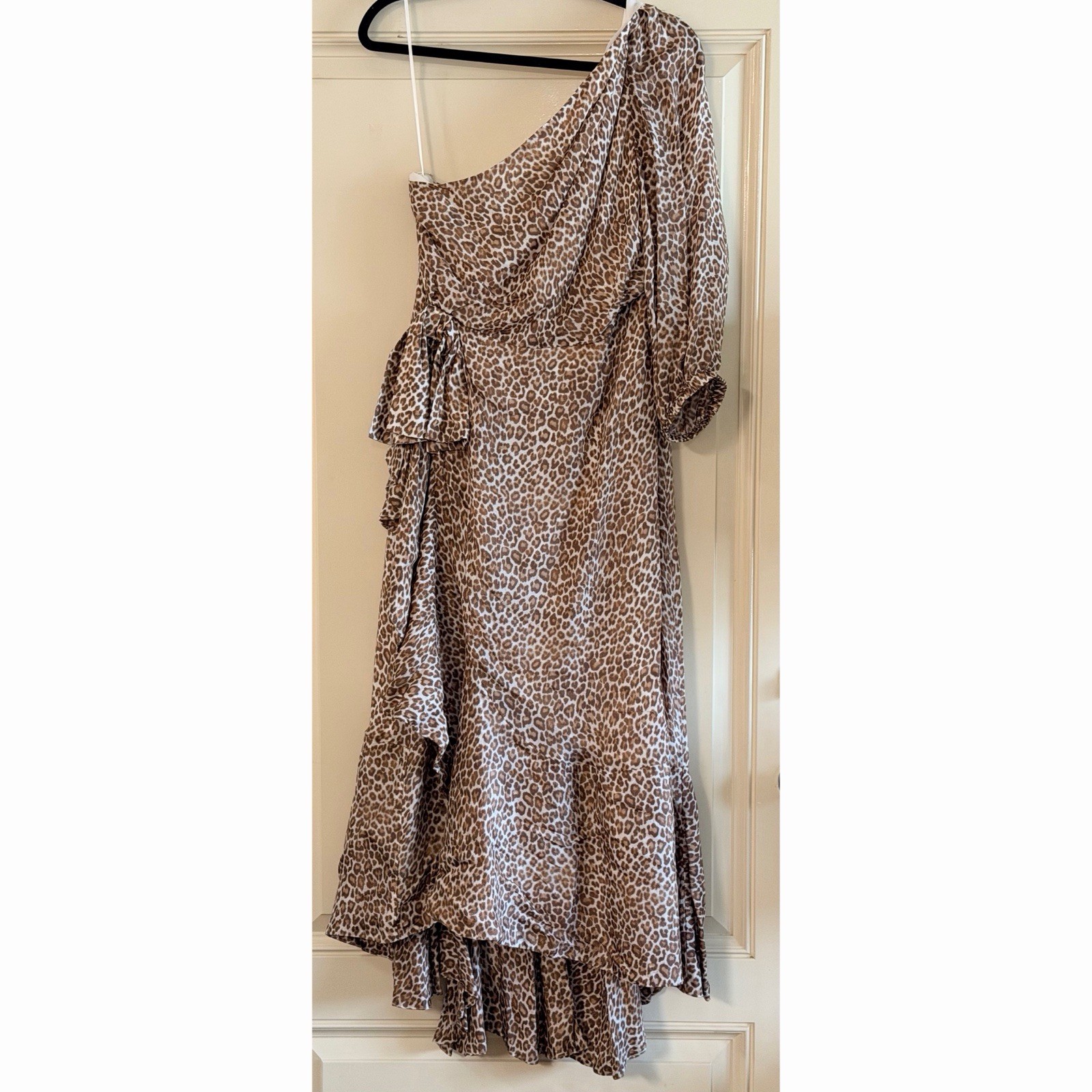 J. Crew Collection Tan Satin Leopard Print One Shoulder Dress, Size 12
