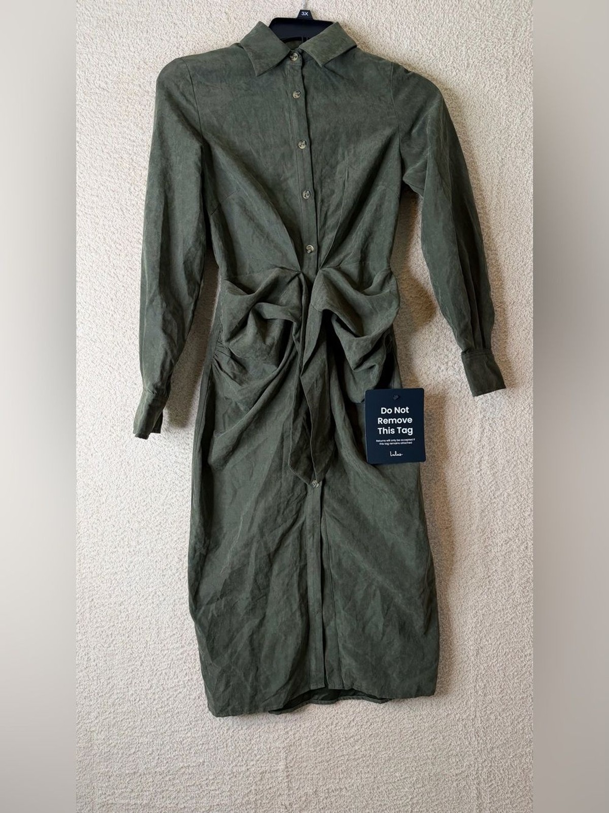 Lulus Autumnal Views Olive Green Suede Button-Up Tie-Front Midi Dress SizeXS NWT