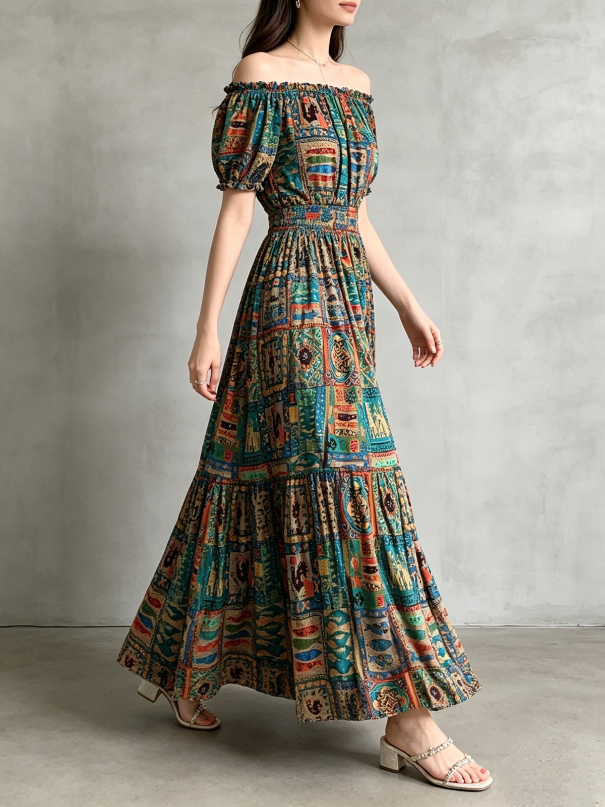 Ladies Bohemian Elegant Swing Maxi Dress Elastic Waist Comfort All Figures
