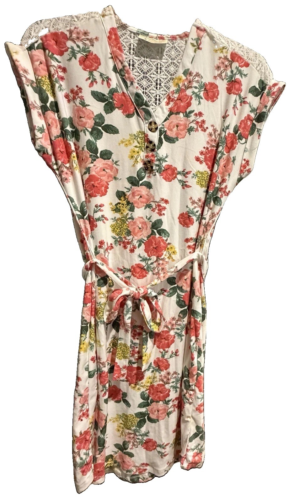 NWT Bobbie Brooks Women’s Small White Floral Dress V Neck Lace Back Waist Tie