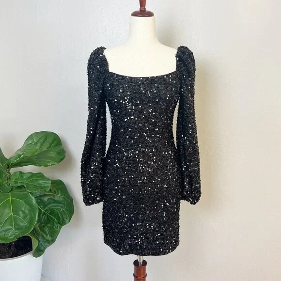 LENA Women’s Size S Black Square Neck Balloon Sleeve Sequin Tinsel Mini Dress