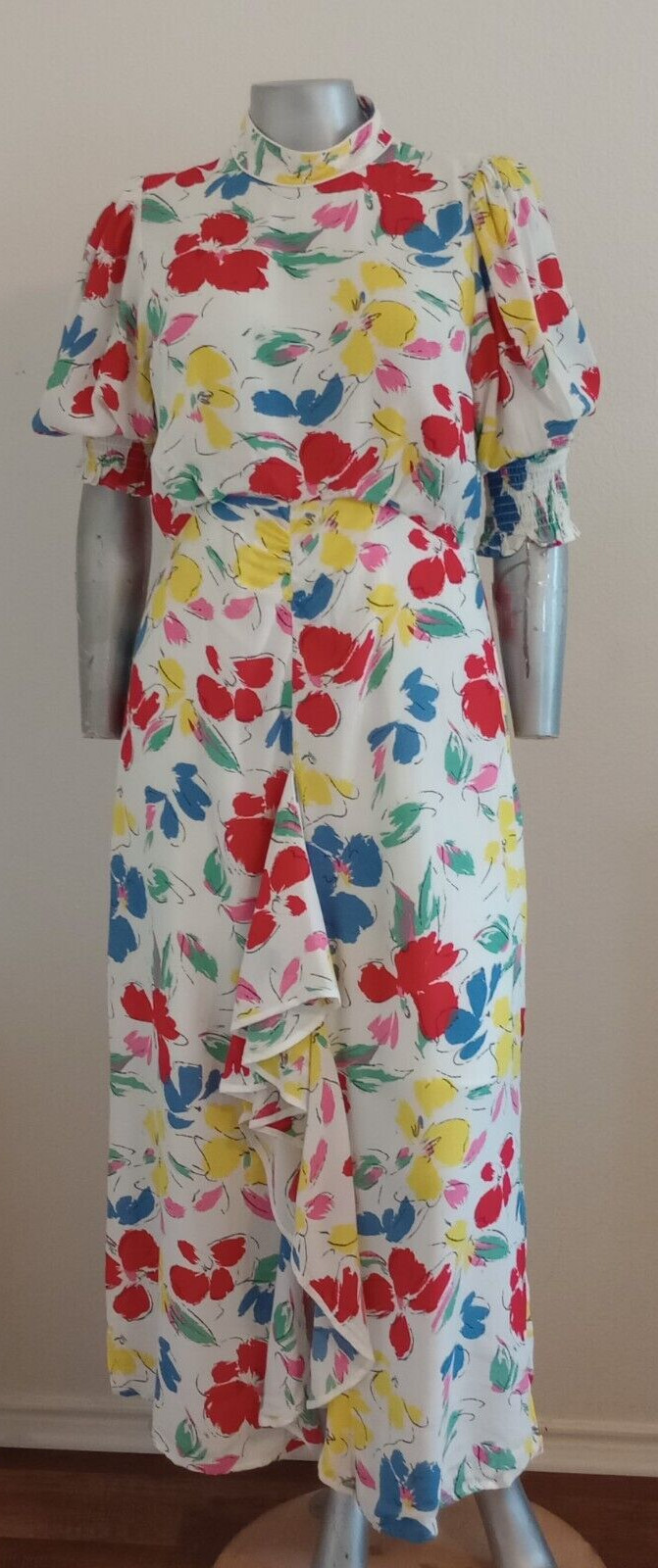 NWT WOMAN RIXO MAXI CASCADE RUFFLE DRESS Size 14 Mock Neck Puff Short Sleeve