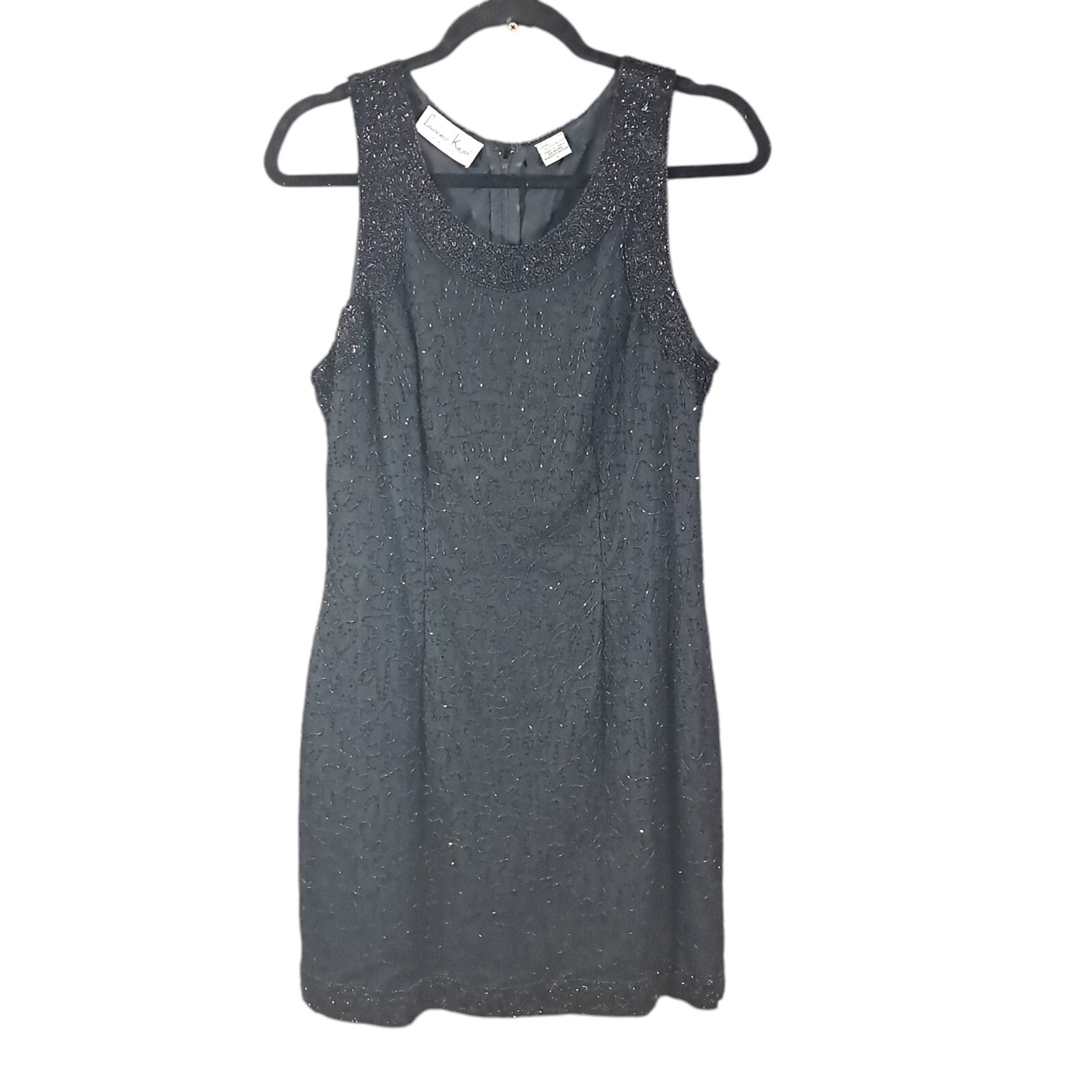 Vintage Laurence Kazar Beaded Sleeveless Dress Black Silk Cocktail Mini Large