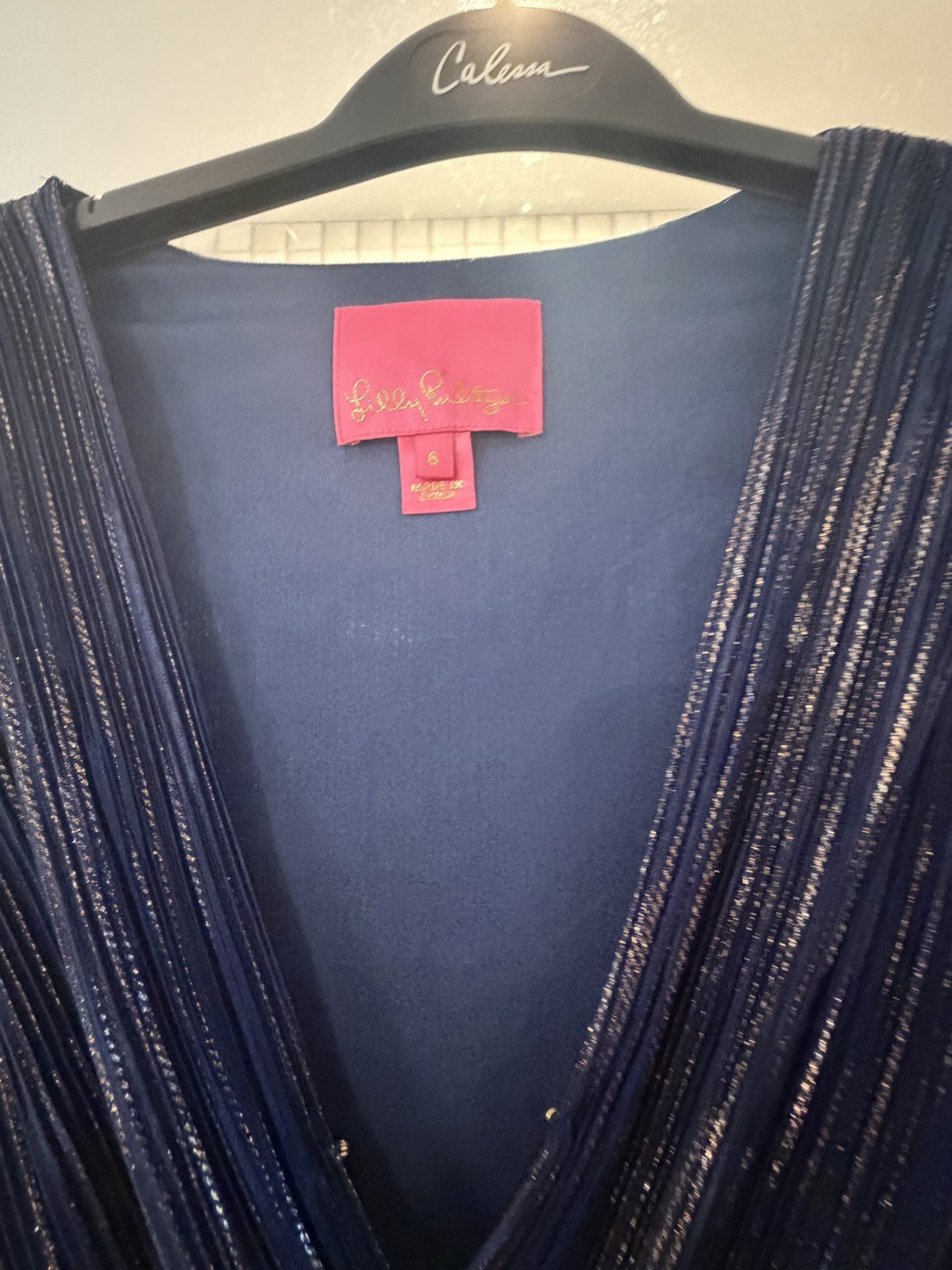 Lilly Pulitzer Navy Metallic Pleated V-Neck Balloon Sleeve Mini Dress 6