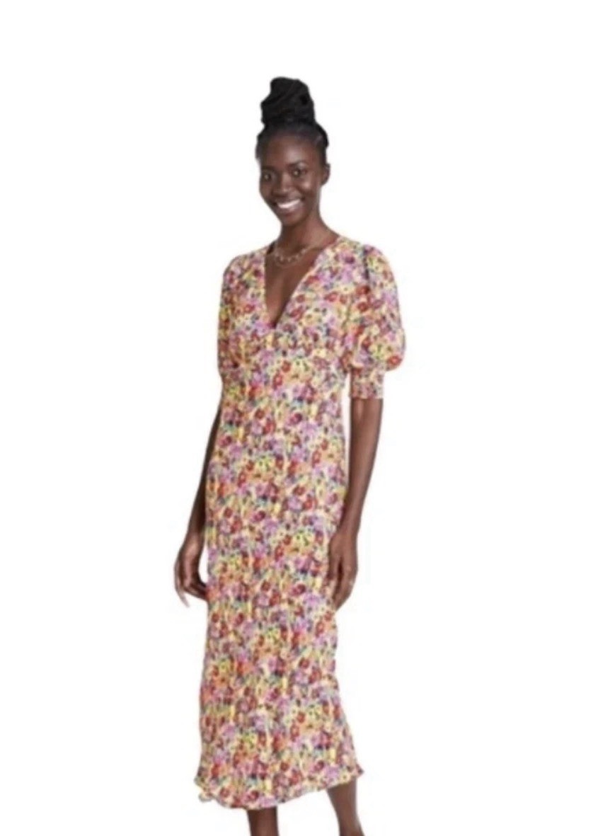 RIXO Women’s Multicolor Floral V-Neck Smocked Waist A-Line Midi Dress 10