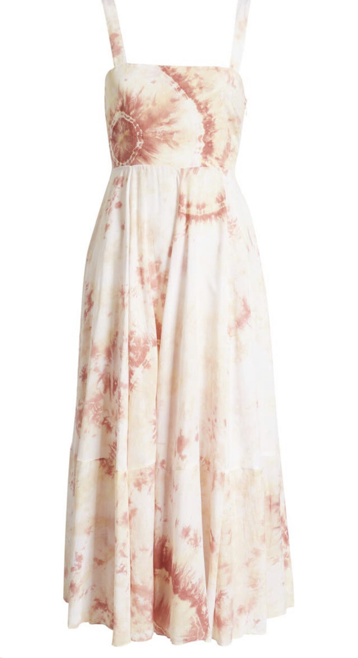 SWF S/W/F Maxi Dress White/Brown Tie Dye Smocked Palace Sundress Size M Tencel